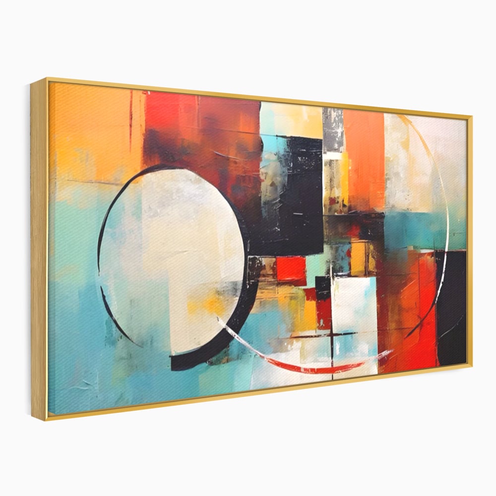 Tablou canvas cu pictura abstracta cu cercuri si linii, in rama de aluminiu auriu